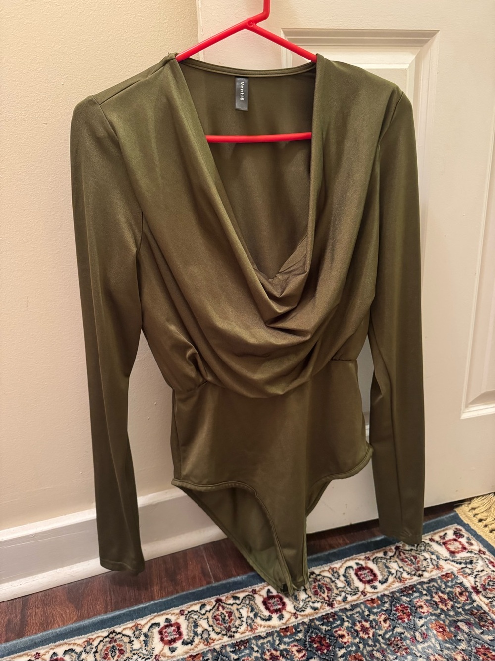 Draped Neck Olive Long-Sleeve Bodysuit